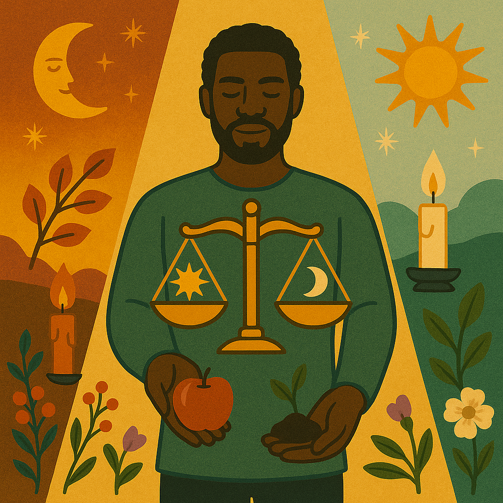 Illustration of balance, harvest, and equinox imagery