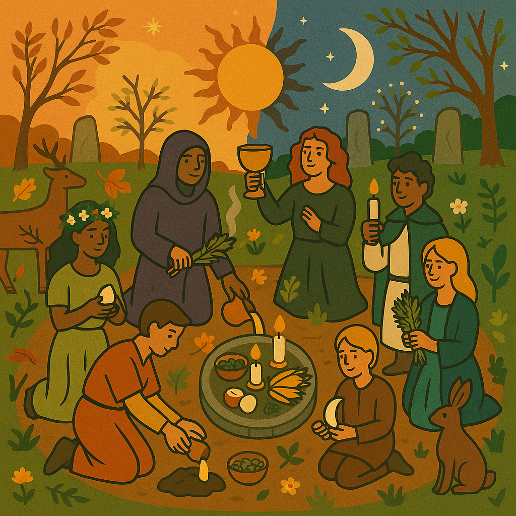 Illustrated gathering celebrating the autumn equinox